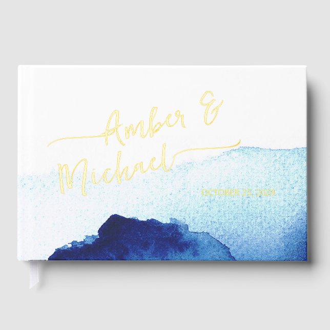 Modern Script Watercolor Indigo Blue Foil Guest Book (Front)