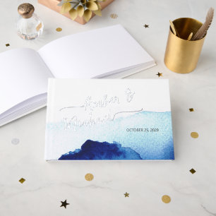 Modern Script Watercolor Indigo Blue Foil Guest Book