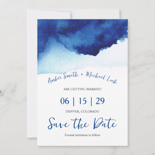 Modern Script Watercolor Indigo Blue Photo Save The Date