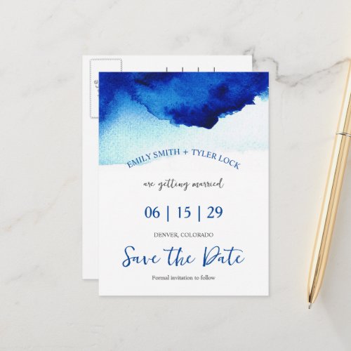 Modern Script Watercolor Indigo Blue Save The Date Announcement Postcard