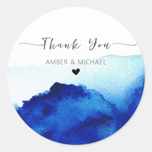 Modern Script Watercolor Indigo Blue Thank You Classic Round Sticker