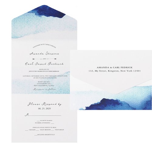 Modern Script Watercolor Indigo Blue Wedding All In One Invitation