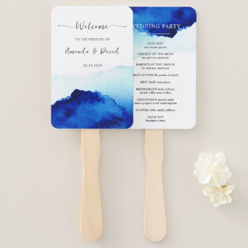 Modern Script Watercolor Indigo Blue Wedding Hand Fan