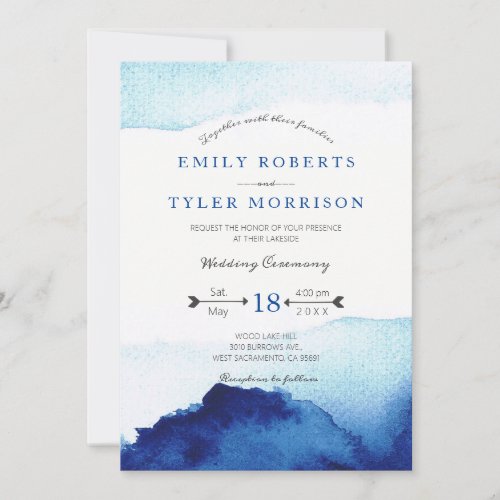 Modern Script Watercolor Indigo Blue Wedding Invitation