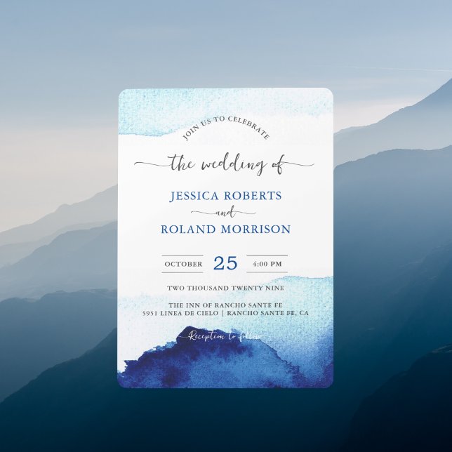 Modern Script Watercolor Indigo Blue Wedding Invitation (Creator Uploaded)