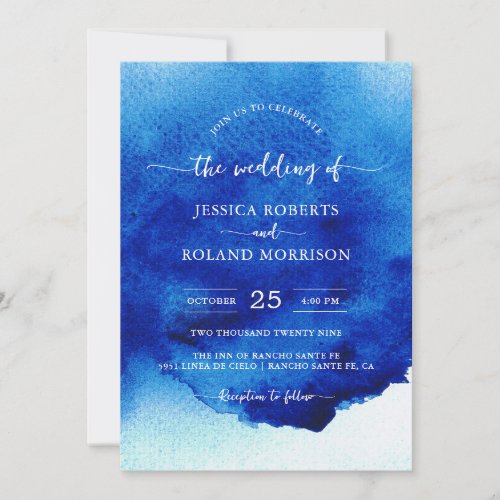 Modern Script Watercolor Indigo Blue Wedding Invitation