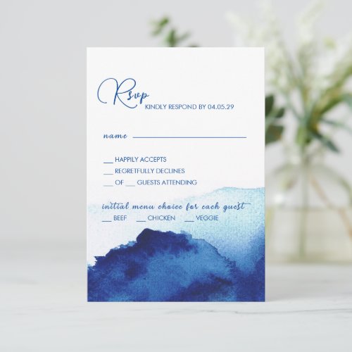 Modern Script Watercolor Indigo Blue Wedding RSVP Card