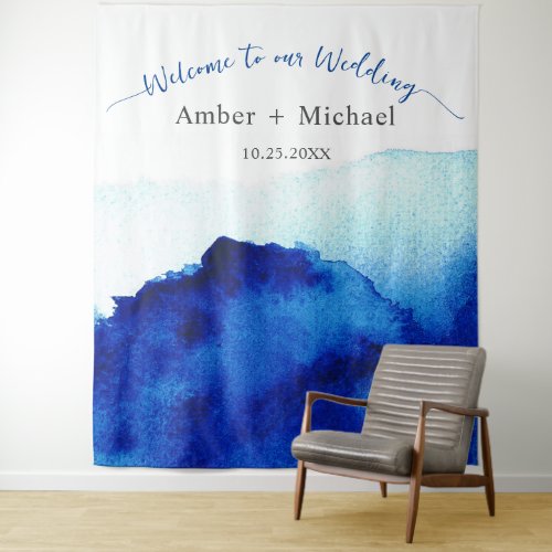 Modern Script Watercolor Indigo Blue Wedding Tapestry