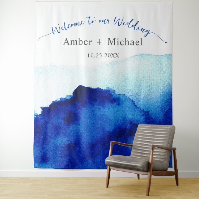 Modern Script Watercolor Indigo Blue Wedding Tapestry (In Situ)