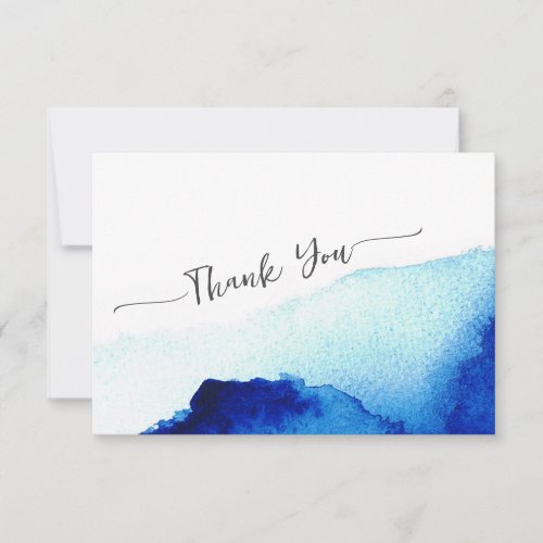 Modern Script Watercolor Indigo Blue Wedding Thank You Card