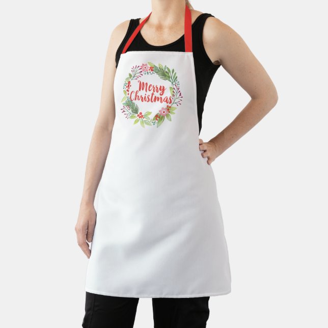Modern Script Watercolor Merry Christmas Wreath Apron (Insitu)