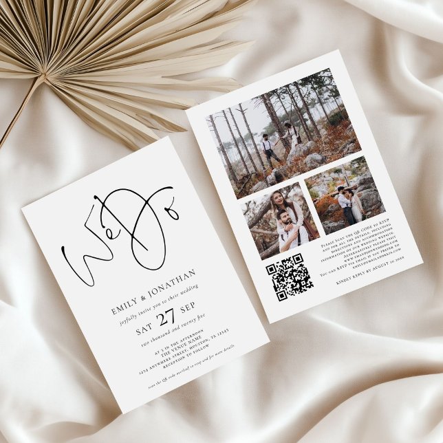 Modern Script We Do 3 Photos QR Code Wedding  Invitation (front and back view)