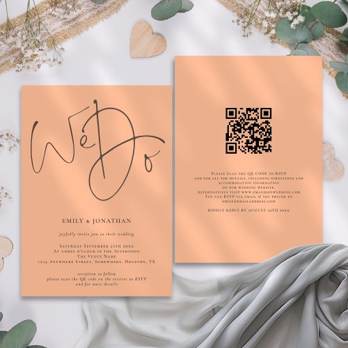 Modern Script We Do QR Code Peach Wedding Invitation