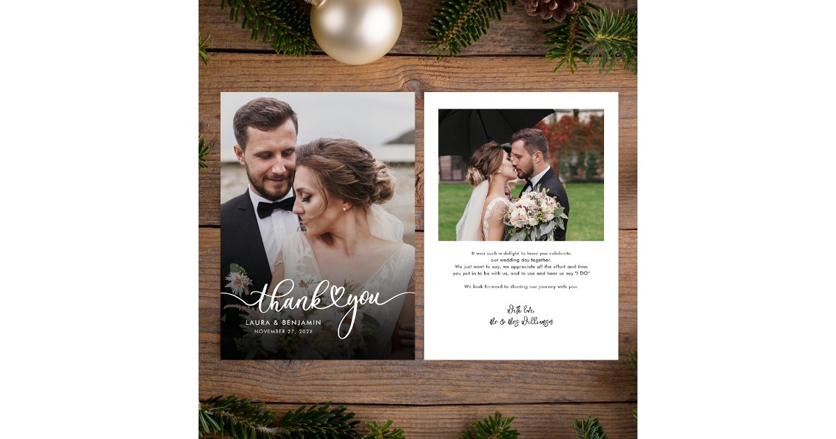 Modern Script Wedding 2 Photos Thank You Card | Zazzle