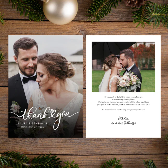 Modern Script Wedding 2 Photos Thank You Card | Zazzle