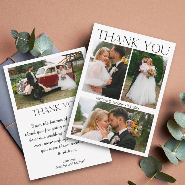 modern script wedding 4 photo collage thank you note card (Creator Uploaded)
