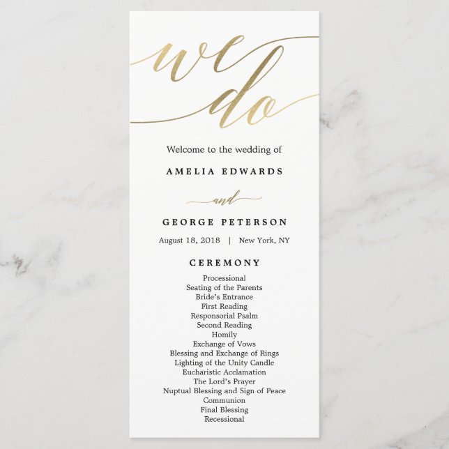 Modern Script Wedding Ceremony Program Faux Gold (Front)
