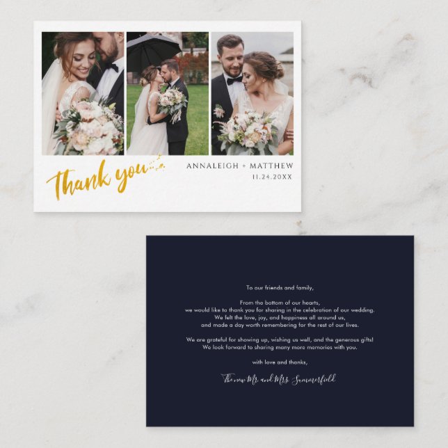 Modern Script Wedding Couples Photos Thank You Note Card (Front/Back)