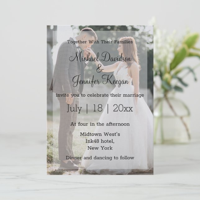 modern script wedding day faded photo invitation (Standing Front)