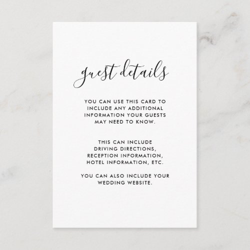 Modern Script Wedding Details Black and White Enclosure Card