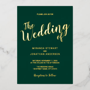 Modern Script Wedding Emerald and Gold Foil Invitation