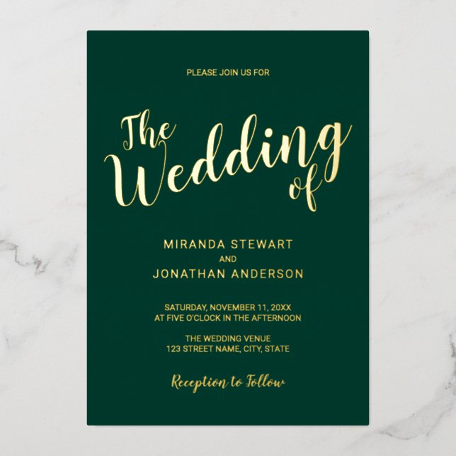 Modern Script Wedding Emerald and Gold Foil Invitation (Front)