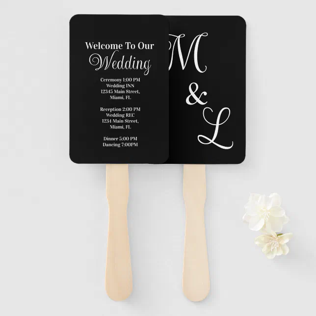 Modern Script Wedding Event Black White Program Hand Fan | Zazzle