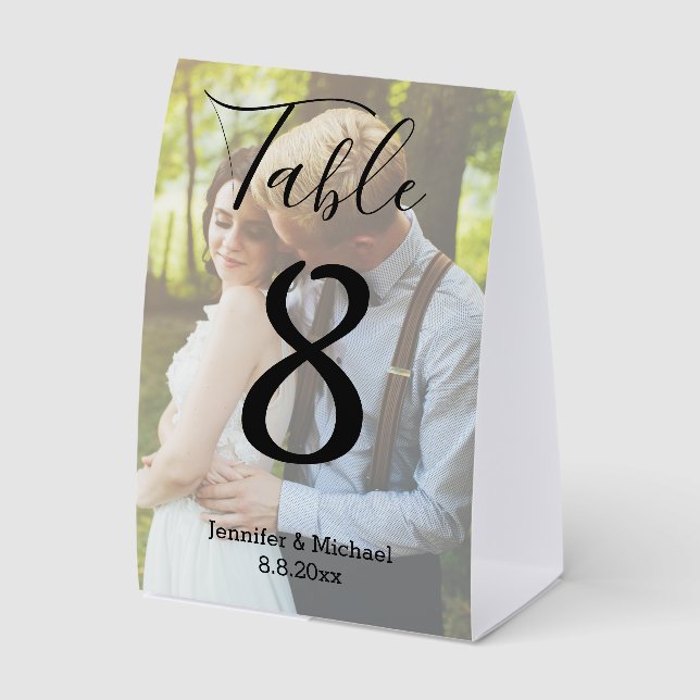 modern script wedding faded photo chic paper table tent  (Front)
