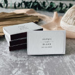Modern Script Wedding Favor Matchboxes<br><div class="desc">These modern script wedding favor matchboxes are perfect for a minimalist wedding. The simple black and white design features unique industrial lettering typography with modern boho style. Customizable in any color. Keep the design minimal and elegant, as is, or personalize it by adding your own graphics and artwork. These matches...</div>