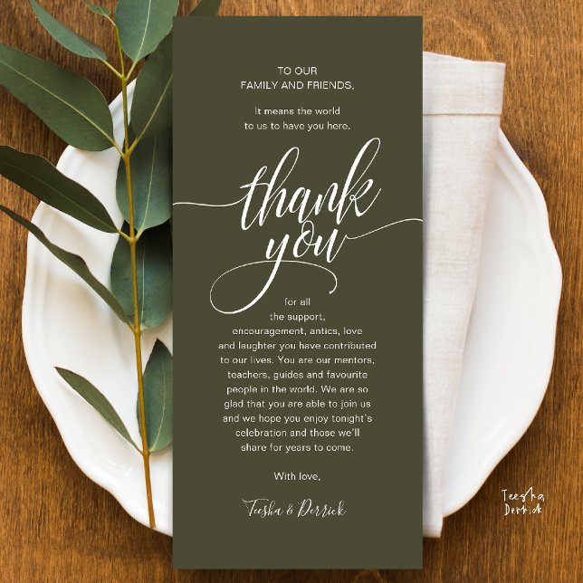 Modern Script Wedding Guest Dinner Thank You Card (Modern Script Wedding Guest Dinner Reception Brunch Lunch Thank You Card in Olive Green)