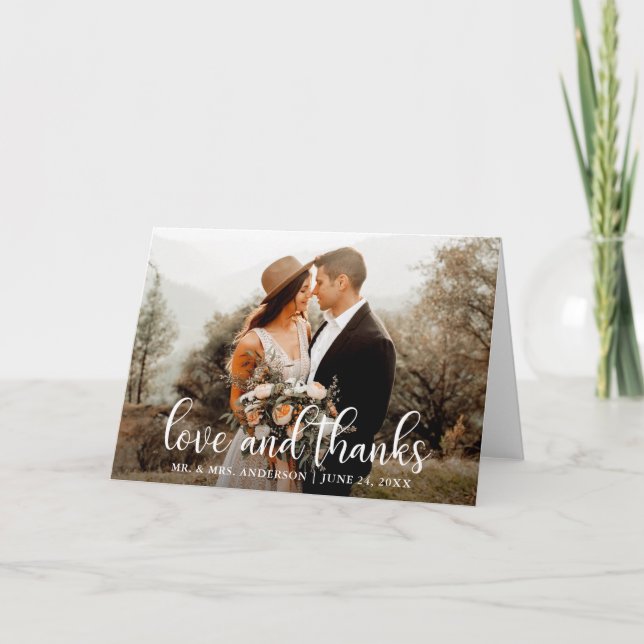 Modern Script Wedding Love and Thanks Folded Letterpress Thank You Card (Front)