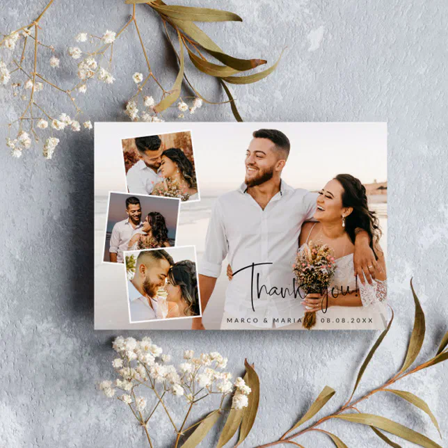 Modern Script Wedding Photo Collage Thank You Card | Zazzle