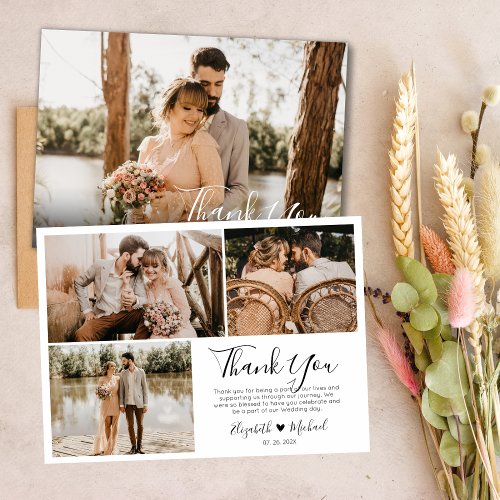 Modern Script Wedding Photo Collage Thank You Card