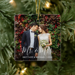 Modern Script Wedding Photo Mr. & Mrs. Ceramic Ornament