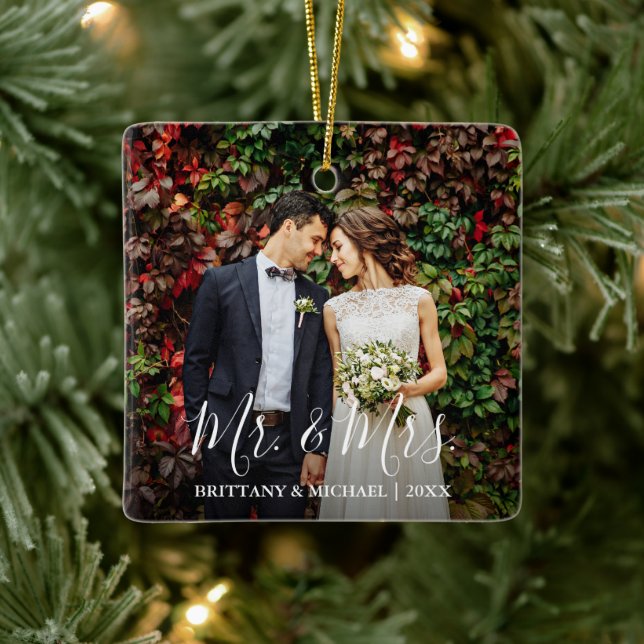 Modern Script Wedding Photo Mr. & Mrs. Ceramic Ornament (Tree)
