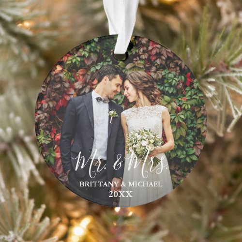 Modern Script Wedding Photo Mr. &amp; Mrs. Ornament