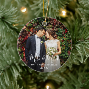 Modern Script Wedding Photo Mr. & Mrs. Round Ceramic Ornament