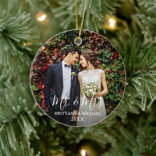 Modern Script Wedding Photo Mr. &amp; Mrs. Round Ceramic Ornament