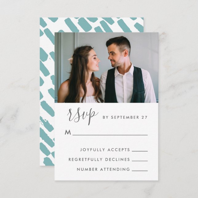 Modern Script Wedding Photo Rsvp in Blue (Front/Back)