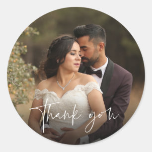 Modern Script Wedding Photo Thank You Favor Classic Round Sticker