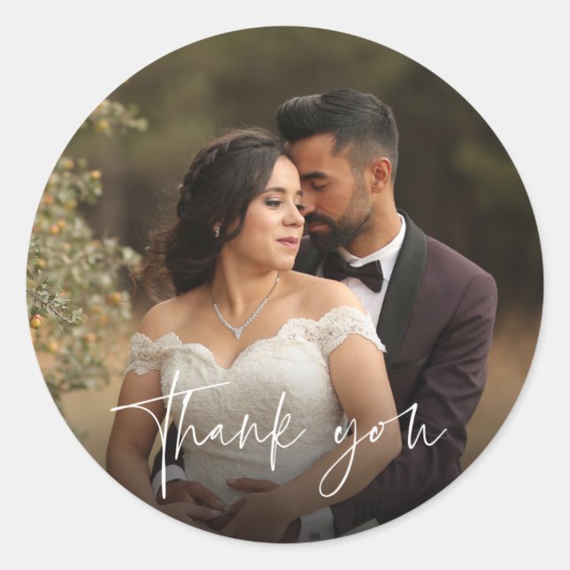Modern Script Wedding Photo Thank You Favor Classic Round Sticker (Front)