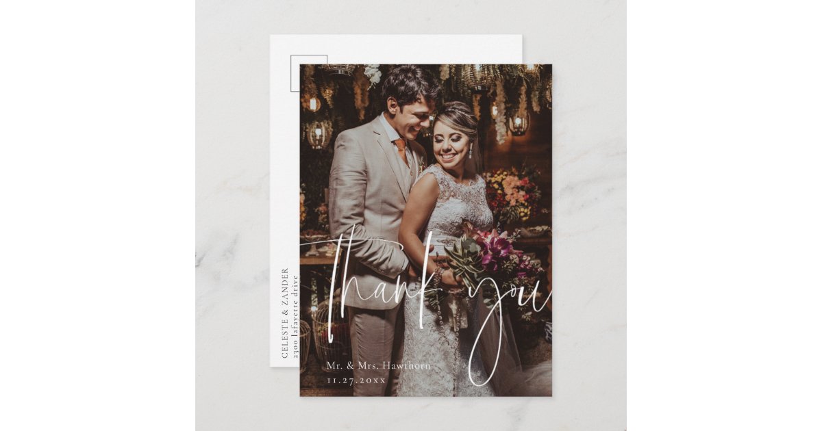 Modern Script Wedding Photo Thank You Postcard | Zazzle