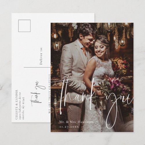 Modern Script Wedding Photo Thank You Postcard