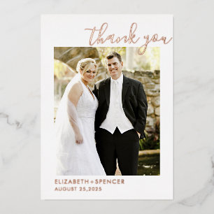 Modern Script Wedding Photo Thank You Rose Gold Foil Invitation