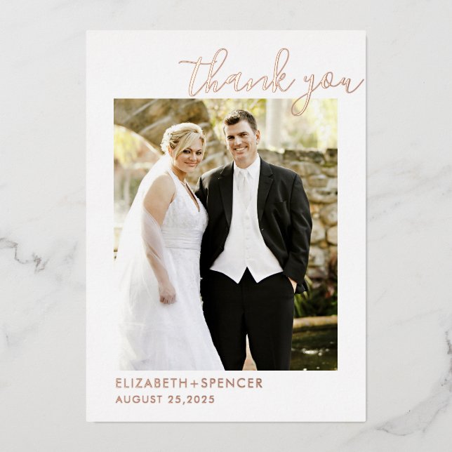 Modern Script Wedding Photo Thank You Rose Gold Foil Invitation (Front)