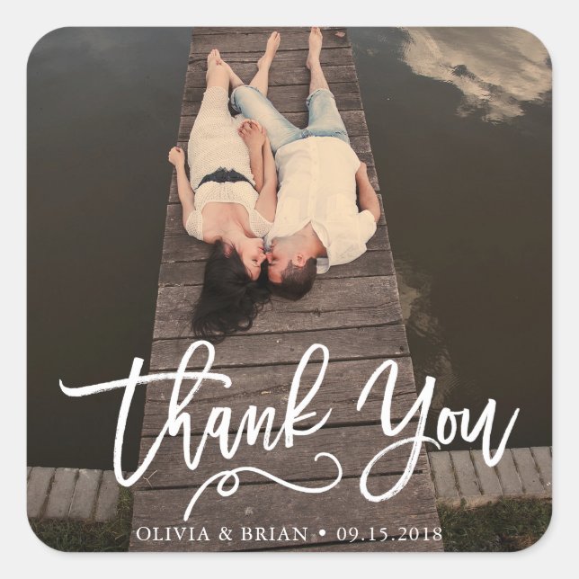 Modern Script Wedding Photo Thank You Square Sticker (Front)