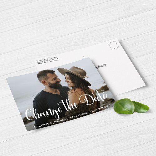 Modern Script Wedding Postponement Date Change Postcard