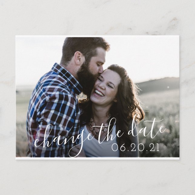 Modern Script Wedding Postponement Save New Date Announcement Postcard (Front)