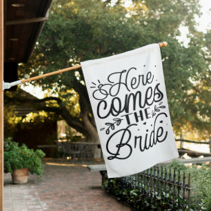 Modern Script Wedding Rings Here Comes the Bride House Flag