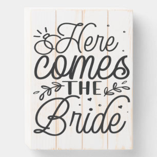 Modern Script Wedding Rings Here Comes the Bride Wooden Box Sign